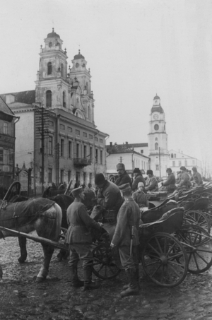 Horse-drawn carriages wait for customers (b/w photo)