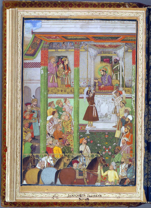 India: Emperor Jahangir (r.1605-1627) receives Ali Mardan Khan in his durbar (court). Mughal, c.1640.