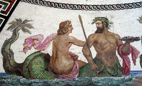 Replica of the Roman mosaic of the Baths of Ocriculum, Italy. Detail of a Triton and a Nereid.