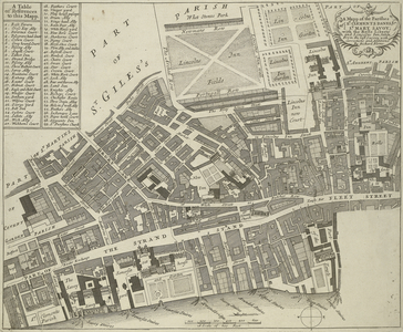A map of the parishes of St. Clements Danes, St. Mary Savoy; with the Rolls Liberty and Lincoln's Inn, taken from the last survey with corrections and additions, 1720 (engraving)