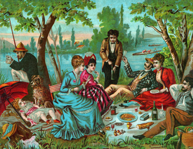 Couples spicking nesting at the edge of a river. circa 1910 (Illustration)