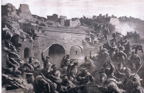 The storming of a fort in Kavno, from The Illustrated History of the World War 1914-1915 pub. by Union Berlagsefellfchaft, 1922 Vol. 3 (litho)