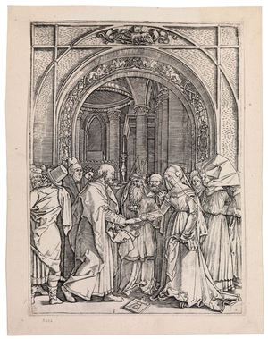 The Bethrothal of the Virgin, from the "Life of the Virgin" series, engraved by Marcantonio Raimondi (c.1480-1530), c.1506 (engraving)