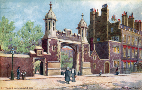 Entrance, Lincoln's Inn, London (colour litho)