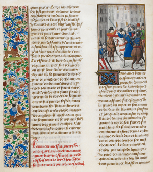 Attack on Olivier de Clisson by the followers of Pierre de Craon. Floral border and initial.