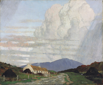 Thatched Cottages by a Roadside,  (oil on canvas)