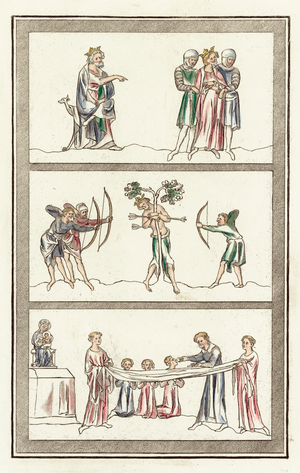 Condemnation of Edmund, Death of King Edmund, Sacrament of The Lord's Supper (coloured engraving)