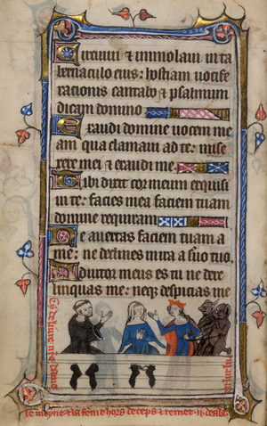 Bas-de-page scene from the Devil in the Stocks, of the monk and woman in the stocks with unbound hands, while the Virgin Mary leads two devils on a cord, with a caption reading, 'Cy deliver n[ost]re dame le moyne et la fe[m]me hors de ceps et remet .ii deabl[es] en lur lu'