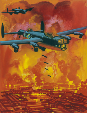 Allied Bombers attacking the research station in which the Germans were working on poisonous gas (gouache on paper)