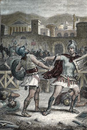 Battle between Horatii and Curiatii. Engraving, 1884