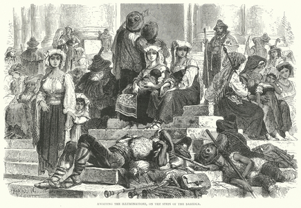 Awaiting the Illuminations, on the Steps of the Basilica (engraving)