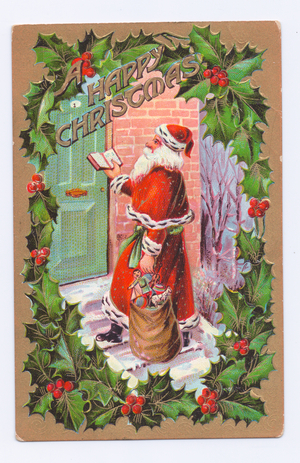 Edwardian Christmas postcard of Father Christmas with a sack of toys looking at a book, c.1910 (colour litho)