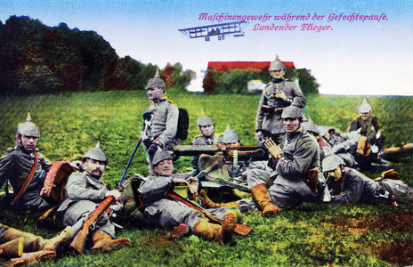 "Machine Gun Company During a Break in Battle", 1915 (colour litho)