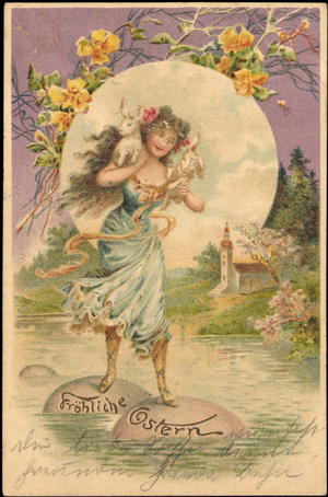 Embossing congratulations Easter, woman wears rabbits over sea