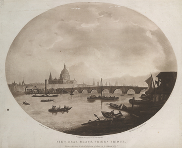 A view of the Thames in an oval, with Blackfriars Bridge centre right and St. Pauls Cathedral in strong sunlight beyond left; boats are being rowed on the water and moored on the shore on the right