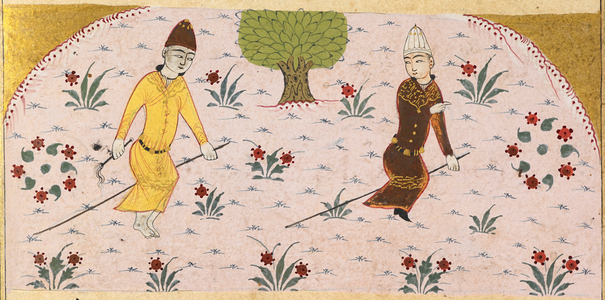 Kurisht' (a child's game of tipcat in which short and long sticks are used). Two children playing as if on hobby-horses.