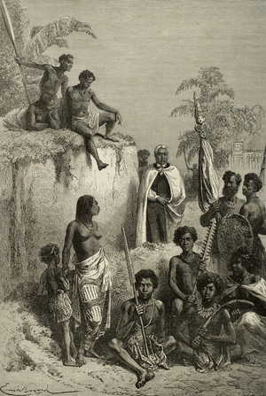 King Kamehameha I (1758-1819) and his warriors. Engraving, 1880.