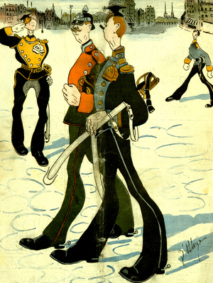 German militarism in the Wilhelmine era: Social differences in the German military hierarchy. The Emperor takes his repast, officers dine, and ordinary soldiers eat. French cartoon, 1904