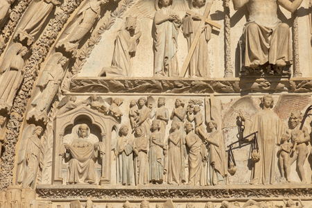 Cathedral (Cathédrale Saint-Étienne). Exterior. West façade. Central porch. Last Judgement (Jugement Dernier). Detail. The Tympanum, left bottom: the elected. Gothic. 13th century.