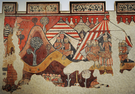 Master of the Conquest of Majorc.Mural paintings of Conquest of Majorc.1285-1290, Detail depicting the Royal Camp during the conquest with king James I the Conqueror,