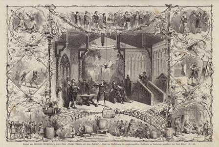 Scenes from German composer Wendelin Weissheimer's opera Meister Martin und Seine Gesellen (Master Martin and His Companions), performed at the Grossherzoglichen Hoftheater, Karlsruhe, Germany (engraving)