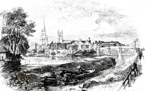 An engraving depicting a view of Derby, showing a sailing barge on the River Derwent, 19th century