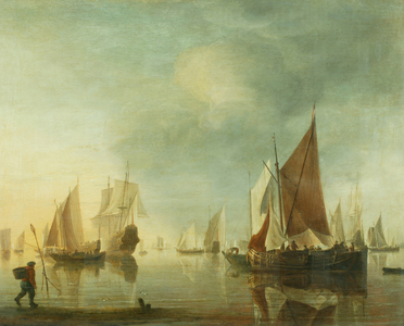 Shipping at anchor offshore in a calm sea; evening light, c.1650-60 (oil on panel)