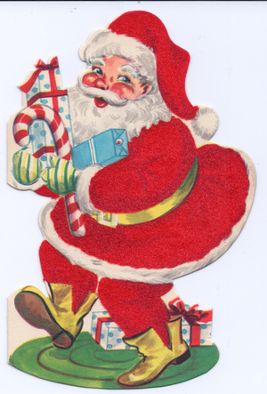 A die-cut Xmas Card of Father Christmas with gifts and candy, his costume covered with red flocking, circa 1910 (coloured lithograph)