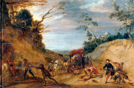 An attack by bandits upon a stage coach (oil on canvas)