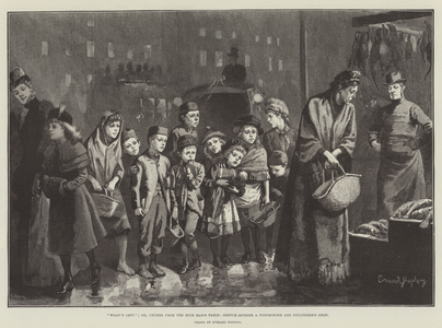 "What's Left"; or, Crumbs from the Rich Man's Table, Sketch outside a Fishmonger and Poulterer's Shop (engraving)