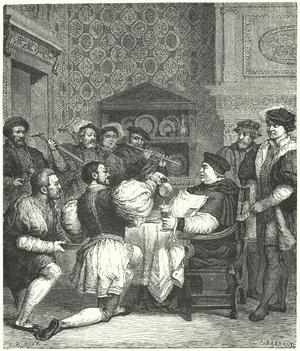 Cardinal Wolsey being entertained at home (engraving)