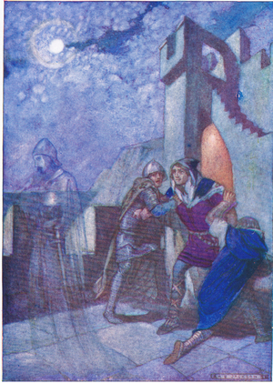 "Bursting from them, Hamlet followed whithersoever the spirit led", from Tales from Shakespeare pub. by Ward Lock & Co Ltd, 1930-40's (colour litho)