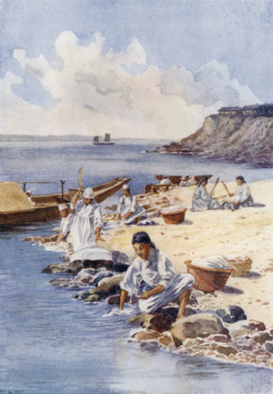 Korean women washing clothes in a river (colour litho)