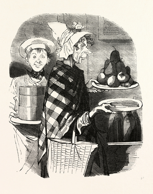 French Lady and a Cook Bring the Desserts, Europe, 19th Century. According to Other Contemporaries, Bertall Has As an Illustrator Strong Originality and As a Cartoonist Perhaps Less Finesse and Elegance As Gavarni and Less Grotesque Than Daumier, But He is Sparkling with Gaiety and Originality. Food and Drink, Apples, Pears, Botles, Basket, Liszt Gourmet Archive