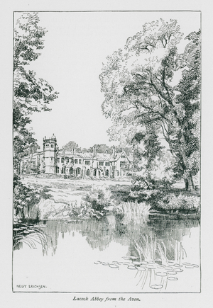 Lacock Abbey from the Avon (litho)