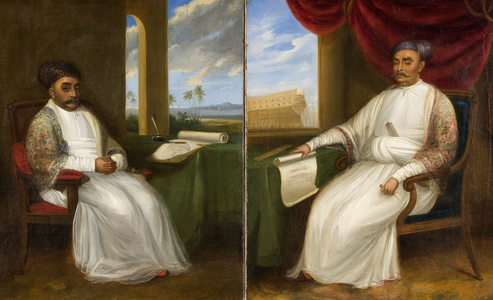 Full-length portrait of the Parsi Master-Shipbuilder Jamsetjee Bomanjee and his son, Nourojee Jamsetsee, 1830 (oil on canvas)