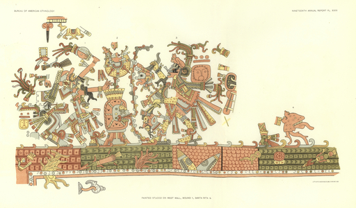Painted stucco on west wall, Mound 1, Santa Rica (colour litho)