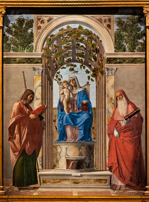Enthroned Madonna with Infant Jesus between saints James and Jerome,