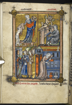 Add. 54180, f. 136v, Miniature with angels in pilgrim dress, from 'La Somme le Roi' by Laurent d'Orléans, c.1295 (vellum)
