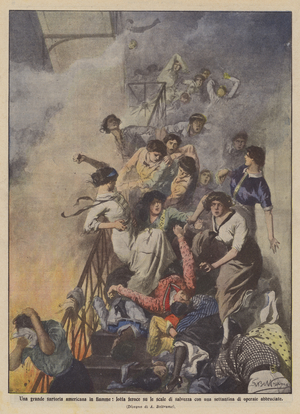 A great American tailor's shop on fire, fighting fierce on the stairs of salvation with a seventy  (colour litho)