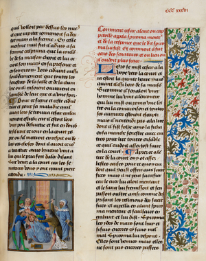 The assassination of Julius Gaius Caesar. A medieval interpretation. Text and floral border.