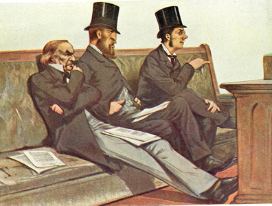 Babble, Birth, and Brummagem (Talk, Aristocracy, and Birmingham): Gladstone, the Duke of Devonshire and Joseph Chamberlain on the Liberal front  bench. After cartoon from Vanity Fair, London, July 1880.