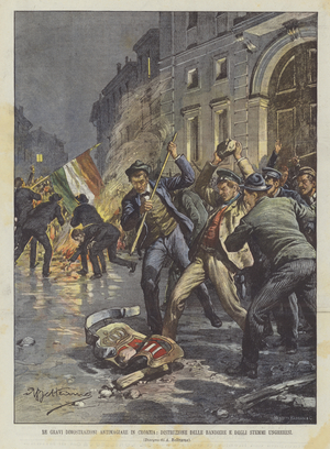 The Serious Anti-Magyar Demonstrations in Croatia, Destruction of Hungarian Flags and Coats of Arms (Colour Litho)