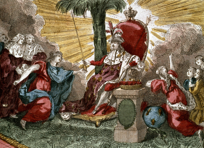 French king Louis XVI on his throne, 1788, engraving