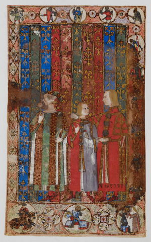 Full-page miniature of two men and a boy who carries a bird, surrounded by a border inhabited with soldiers on foot and on horseback in medallions.