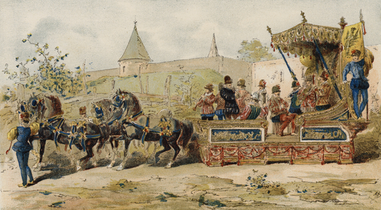 Merchants' float carrying musicians, Spanish Netherlands, 16th Century (colour litho)