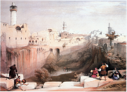 In the Holy Land: Jerusalem, the Pool of Bethesda, Temple Mount in the left (engraving)