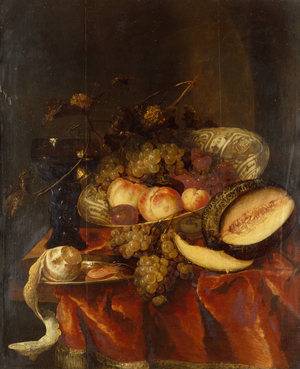 Fruit in a Wanli Craak Porcelain Bowl with a Glass, Melon and Pewter plate (oil)