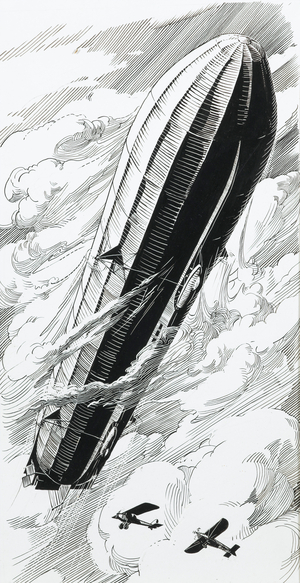 Reginald Alexander John Warneford and Squadron Commander Spenser Grey attacking Zeppelin LZ-39, east of Dunkirk 1915 (pen & ink with gesso on board)