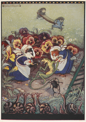 Illustration of two Guinea Pigs dressed in maid's outfits looking after a lizard while two hedgehogs are carrying a stretcher in the background to help him.